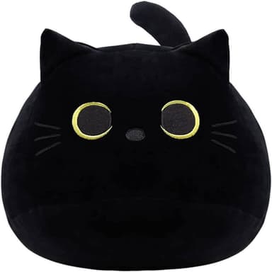 A picture of a fat black cat plushie.