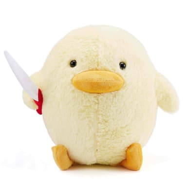 A picture of a duck with a knife plushie.