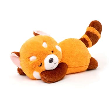 A picture of a red panda sleeping plushie.